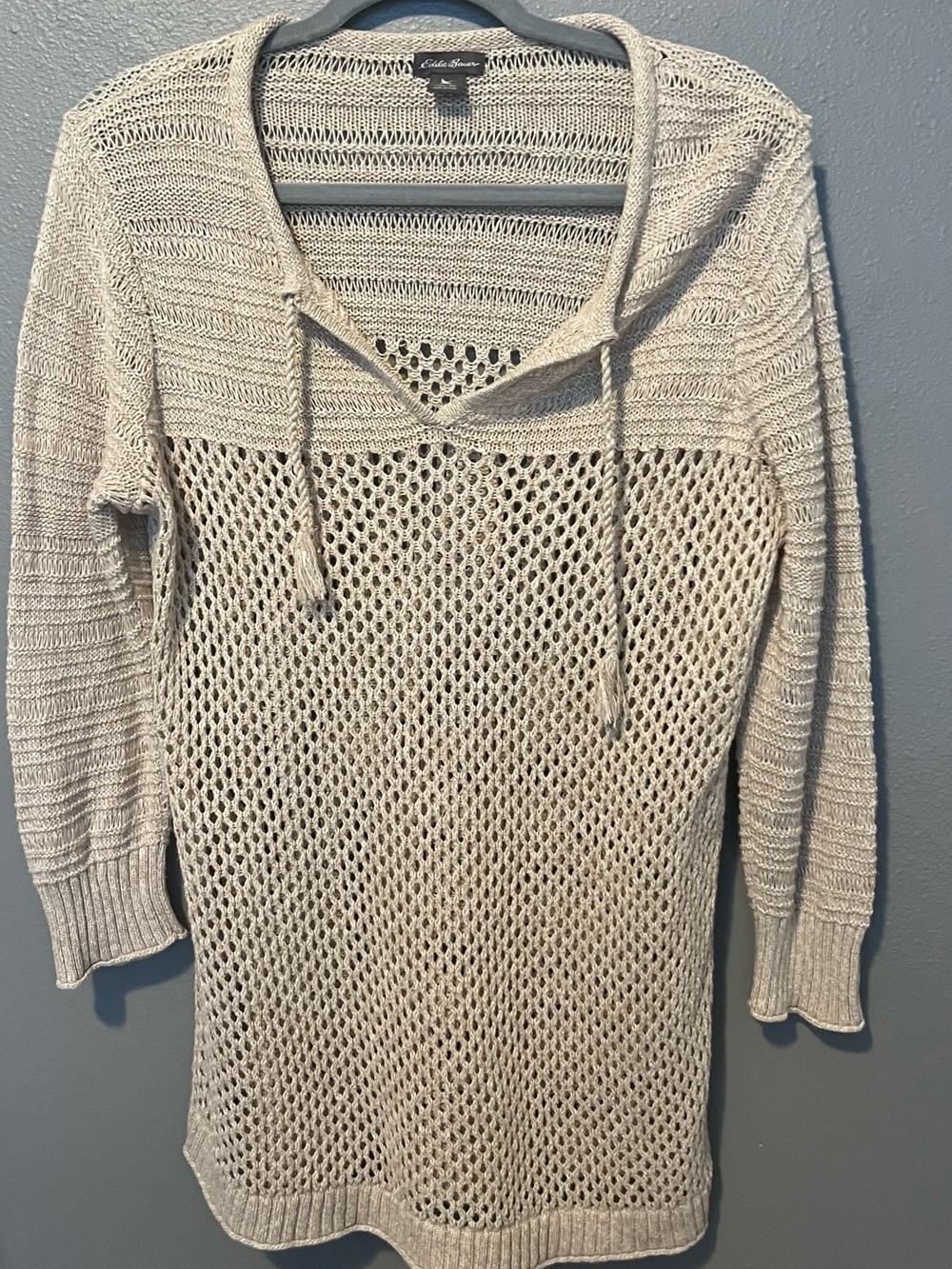Eddie Bauer Cream Open-Knit V-Neck Hooded Sweater